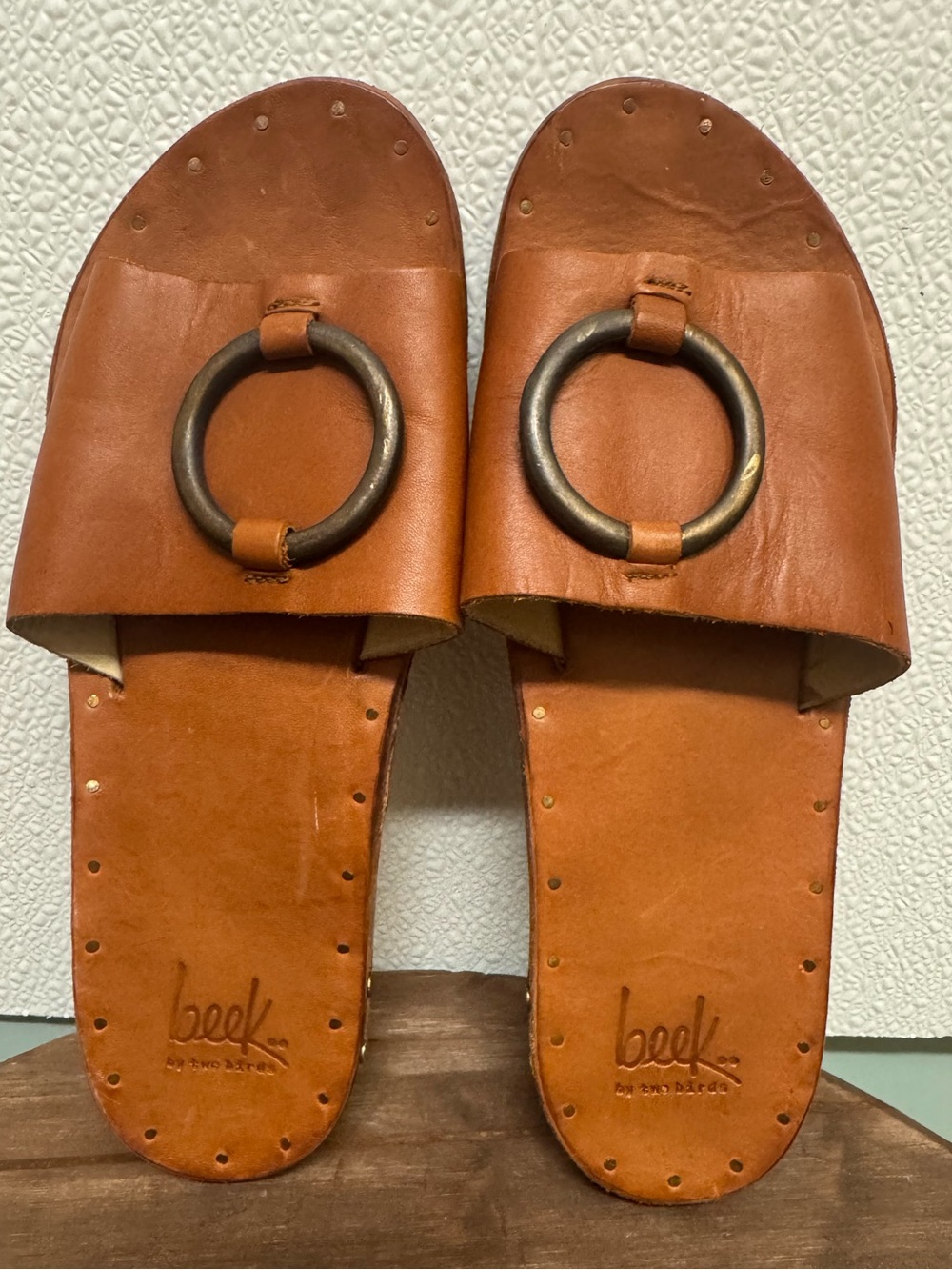 beek Cognac Leather Slide Sandals with Bronze Ring